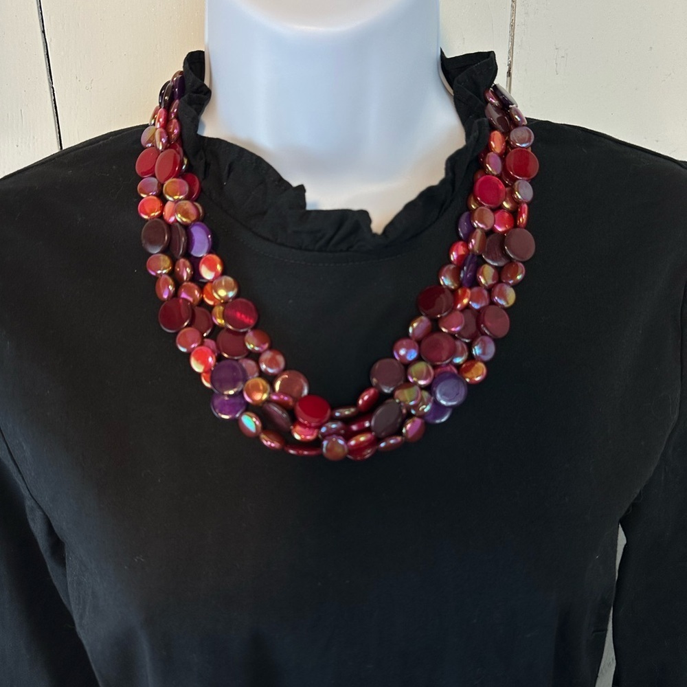 Multi-Color Iridescent Beaded Statement Necklace Red Purple Pink Burgundy - Picture 7 of 7